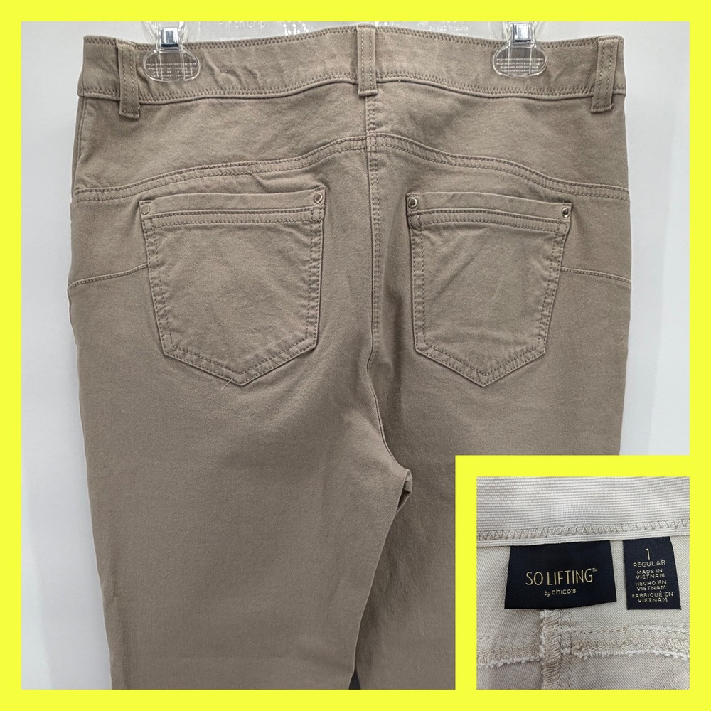 Chico's So Lifting‎ Slim Leg Pants Size 1 Regular Tan Khaki Stretch Pull On Tech